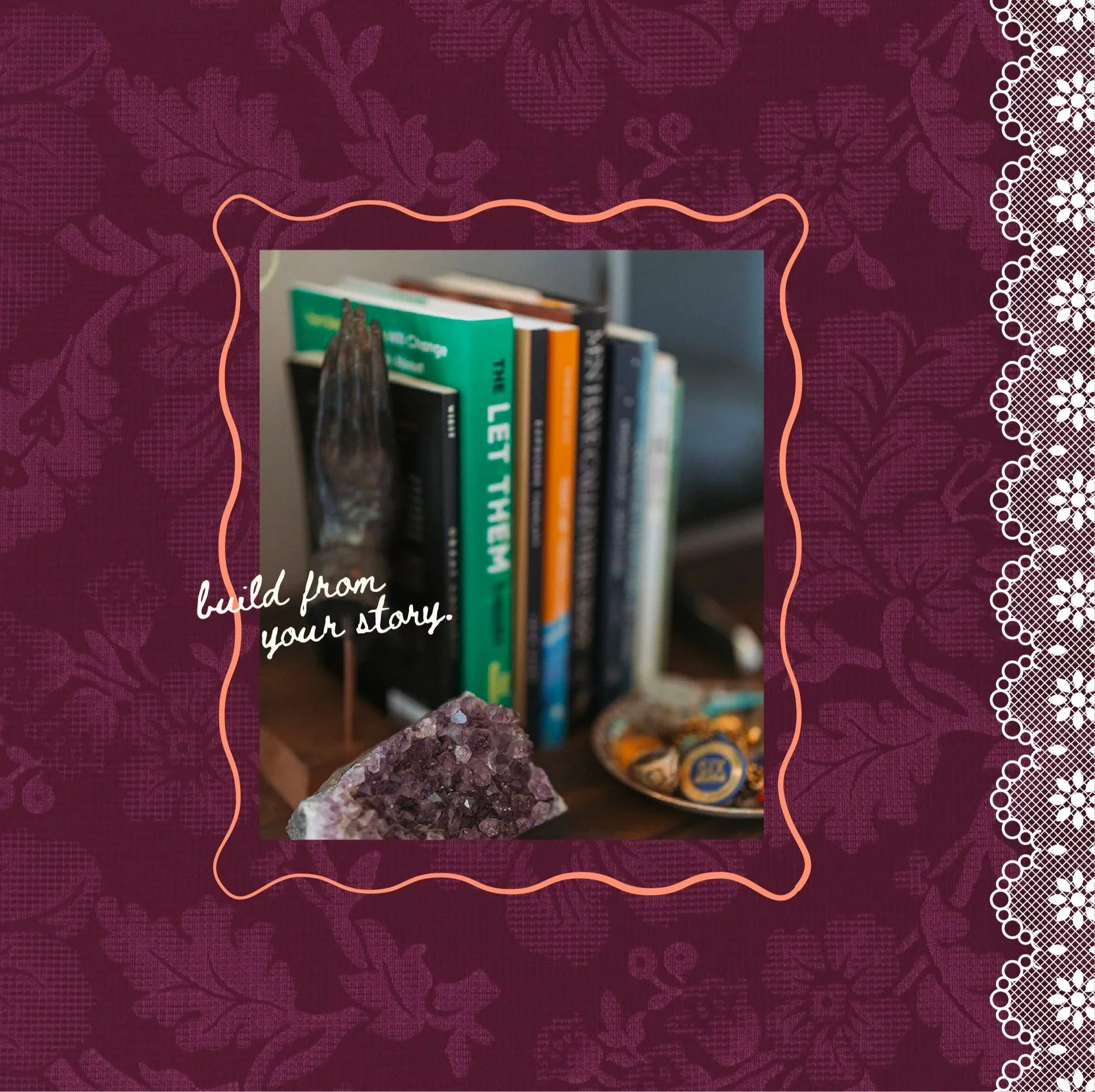 A decorative frame with a pink outline around a blurred image of books and crystals on a table.