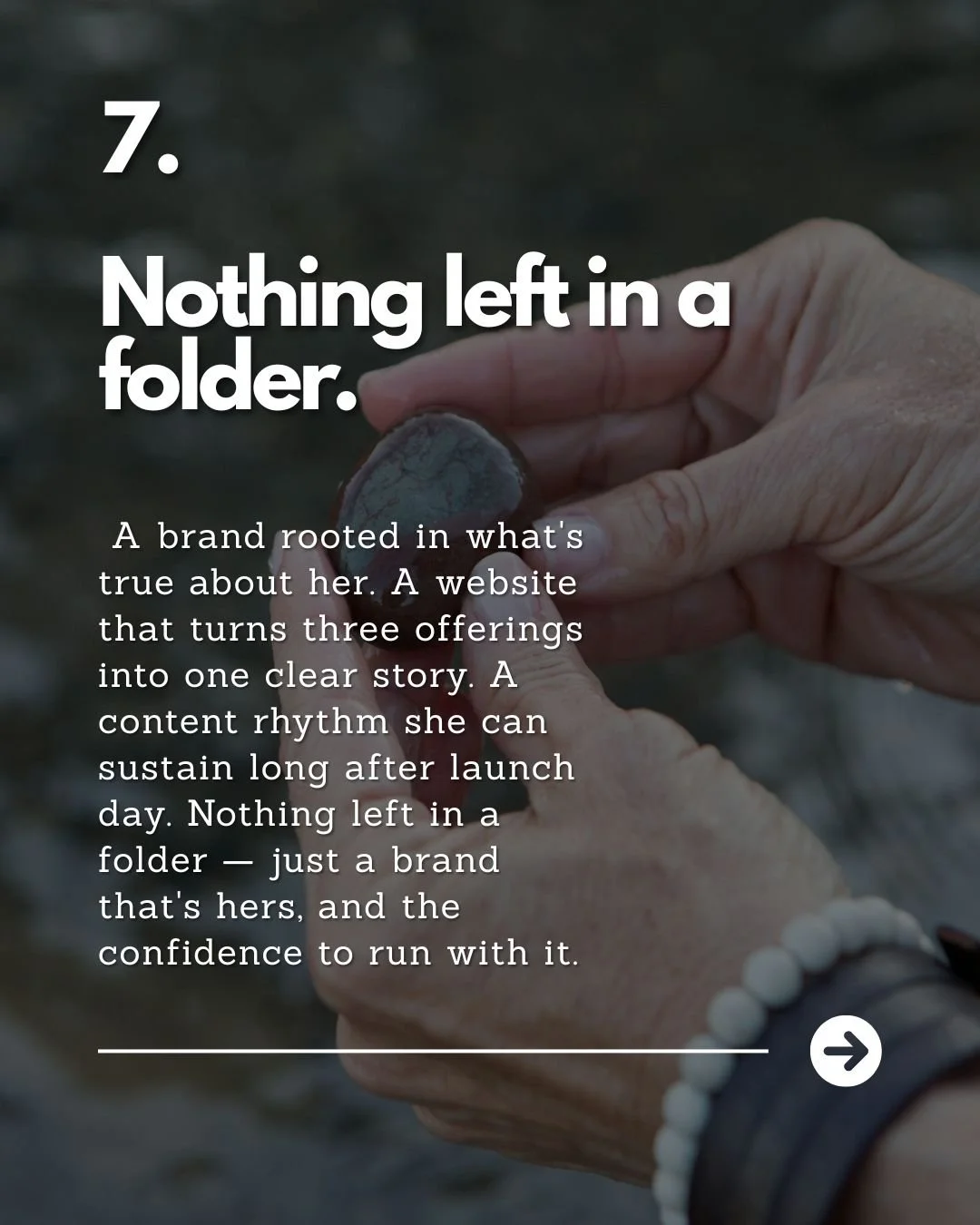 Close-up of a person's hand holding a small rock, with text overlay about a brand's storytelling and confidence.