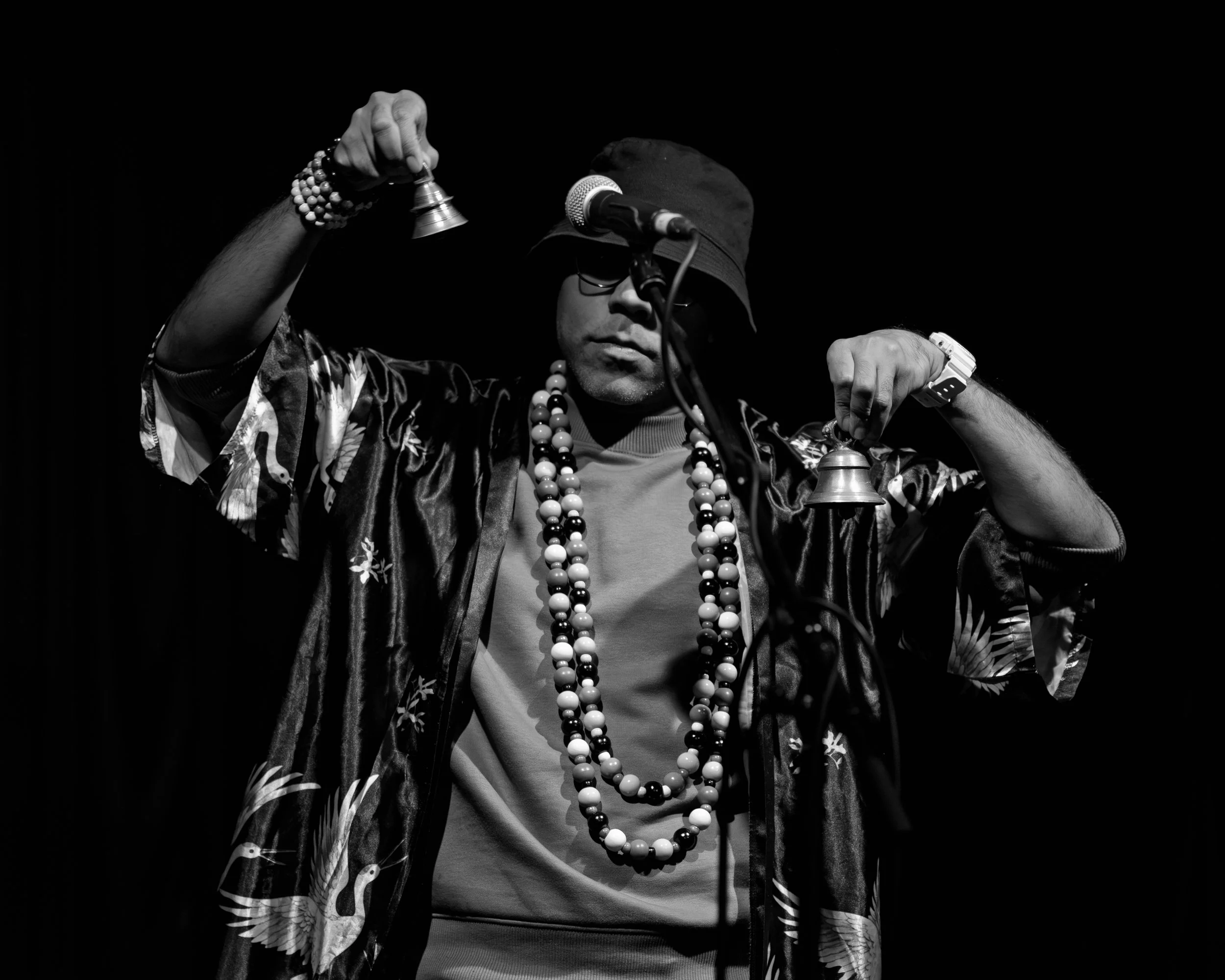 L’Ku (Kulvir Bhambra) performing at Firebug, Leicester, 12th September 2025. Fujifilm X-T5, XF90mm, 1/250, f2, ISO 1600. Chris Tweed live music photography black and white b&w