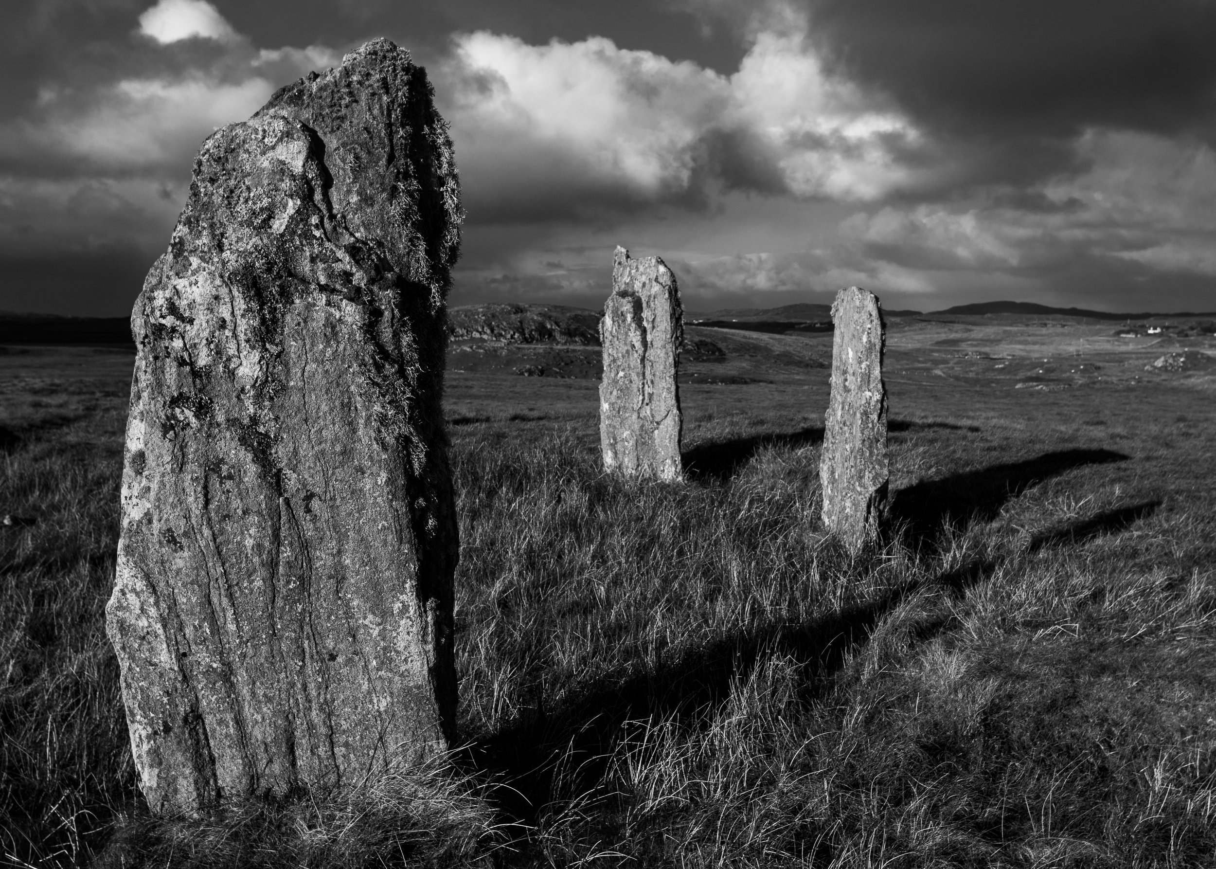 Three megaliths of the stone circle commonly known as Callanish 4, Isle of Lewis, Scotland. 3rd November 2021. © Chris Tweed