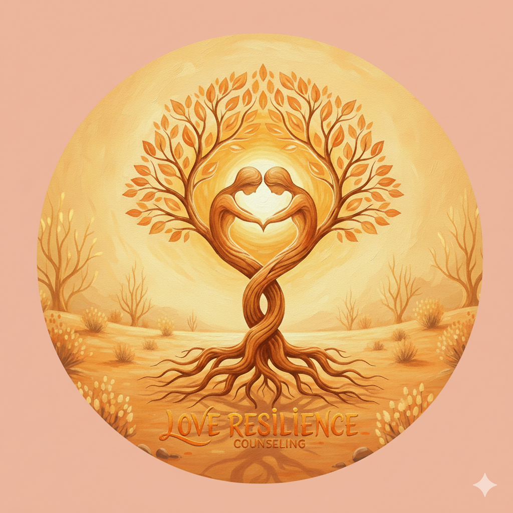 Artwork depicting two intertwined trees forming a heart, with two people' heads in the branches, set against a warm sunset background with the text 'Love Resilience Counseling'.