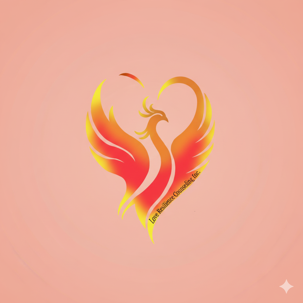 A stylized phoenix in orange, yellow, and red flames on a pink background, with the text 'Love Resilience Counseling Inc.' along the bottom curve.