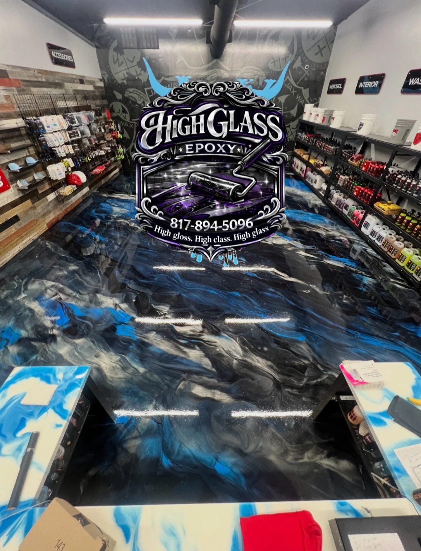 Metallic floor and countertop