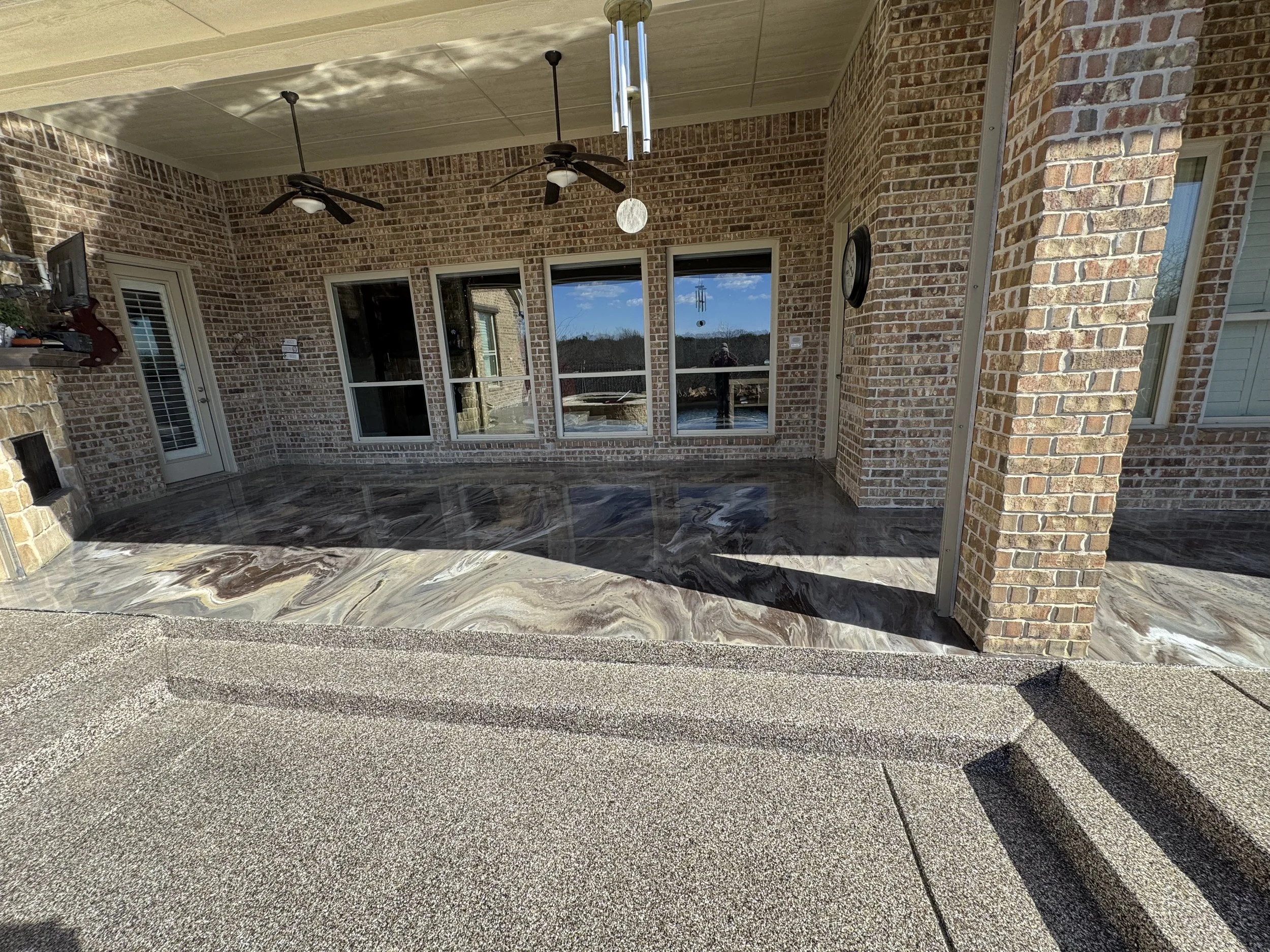 Pool decking- heavy flake. Patio- metallic