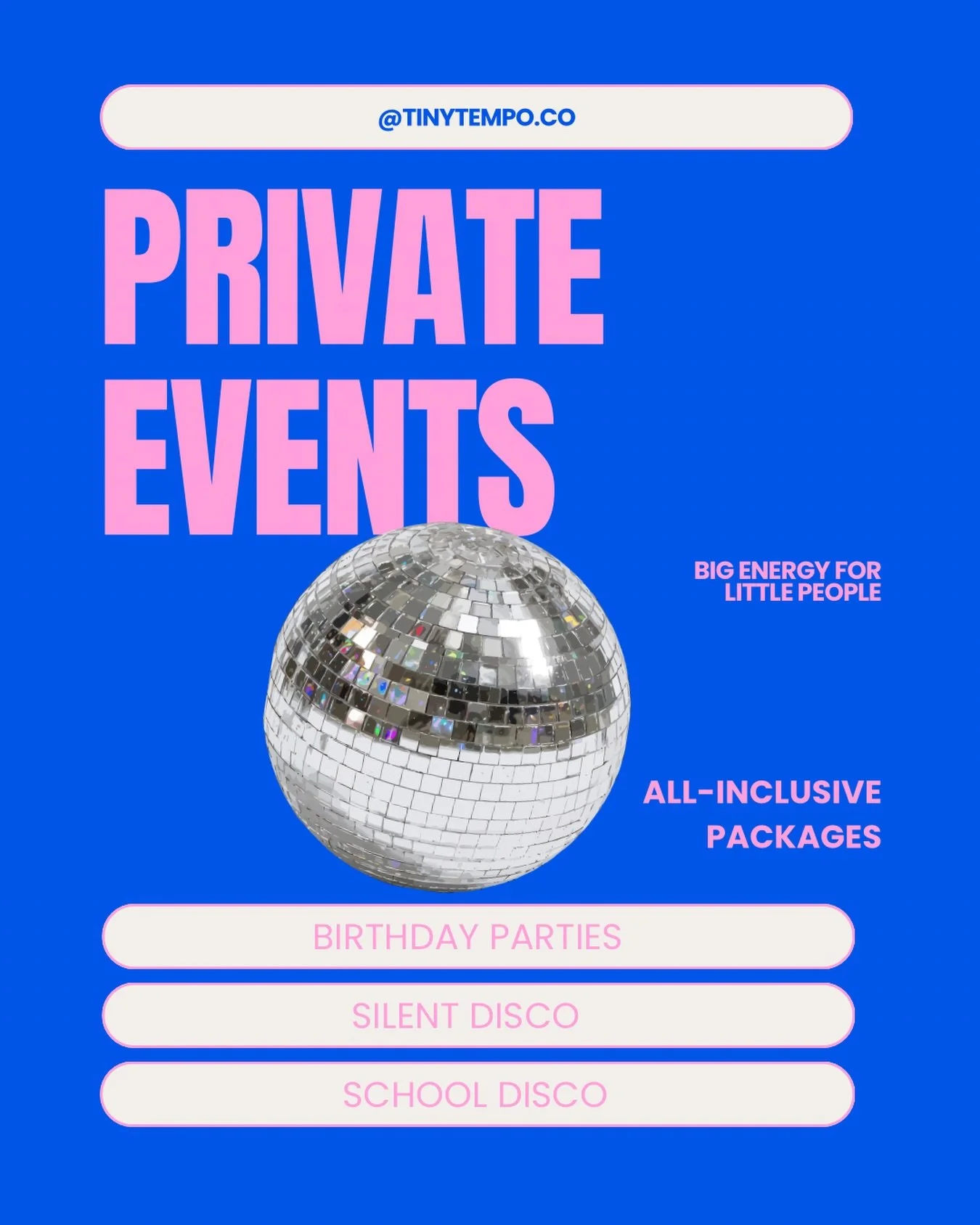 Private parties.
Big energy.
Tiny dancers.

Tiny Tempo for birthdays, silent discos and school events 🪩

Watch this space for bookings opening soon!
