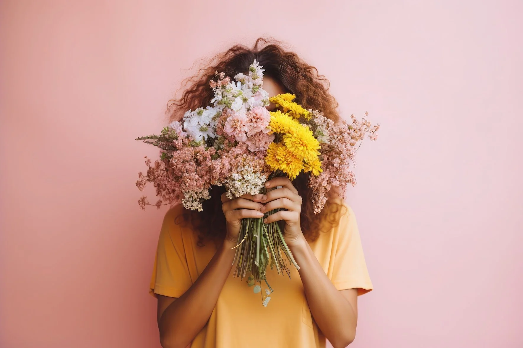 Person with face partially covered in flowers symbolizing self-awareness and personal growth through thoughtful coaching.