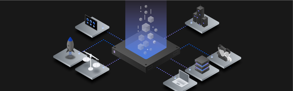 An isometric illustration originally used for an IBM trials sequence. In the center is a square shape with boxes in a gradient above it. Radiating from the center are other isometric squares containing a rocket ship, scales, charts, and people.