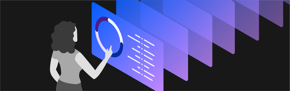 An isometric illustration of a woman reading analytic charts. The woman and background are black and white, while the charts are a vibrant blue / purple gradient.