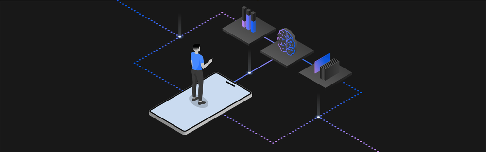 An isometric illustration showing a man standing on an overlarge iPhone. Radiating out from the iPhone are graphic squares containing charts, a brain, and AI.