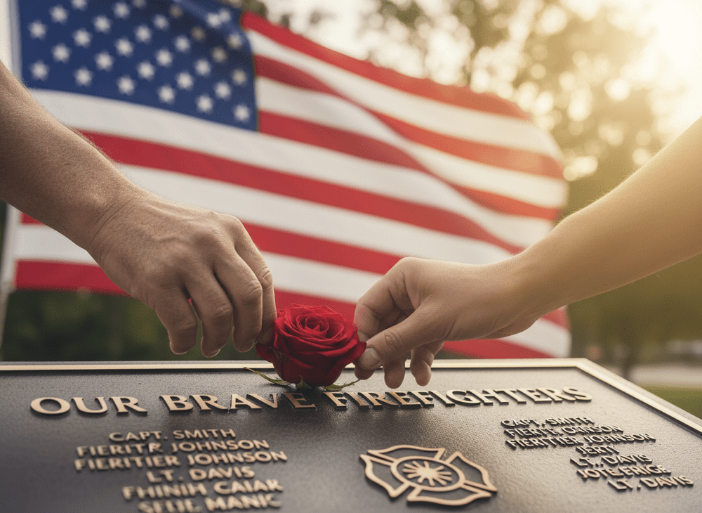 Hands placing a red rose at a firefighter memorial with an American flag behind it