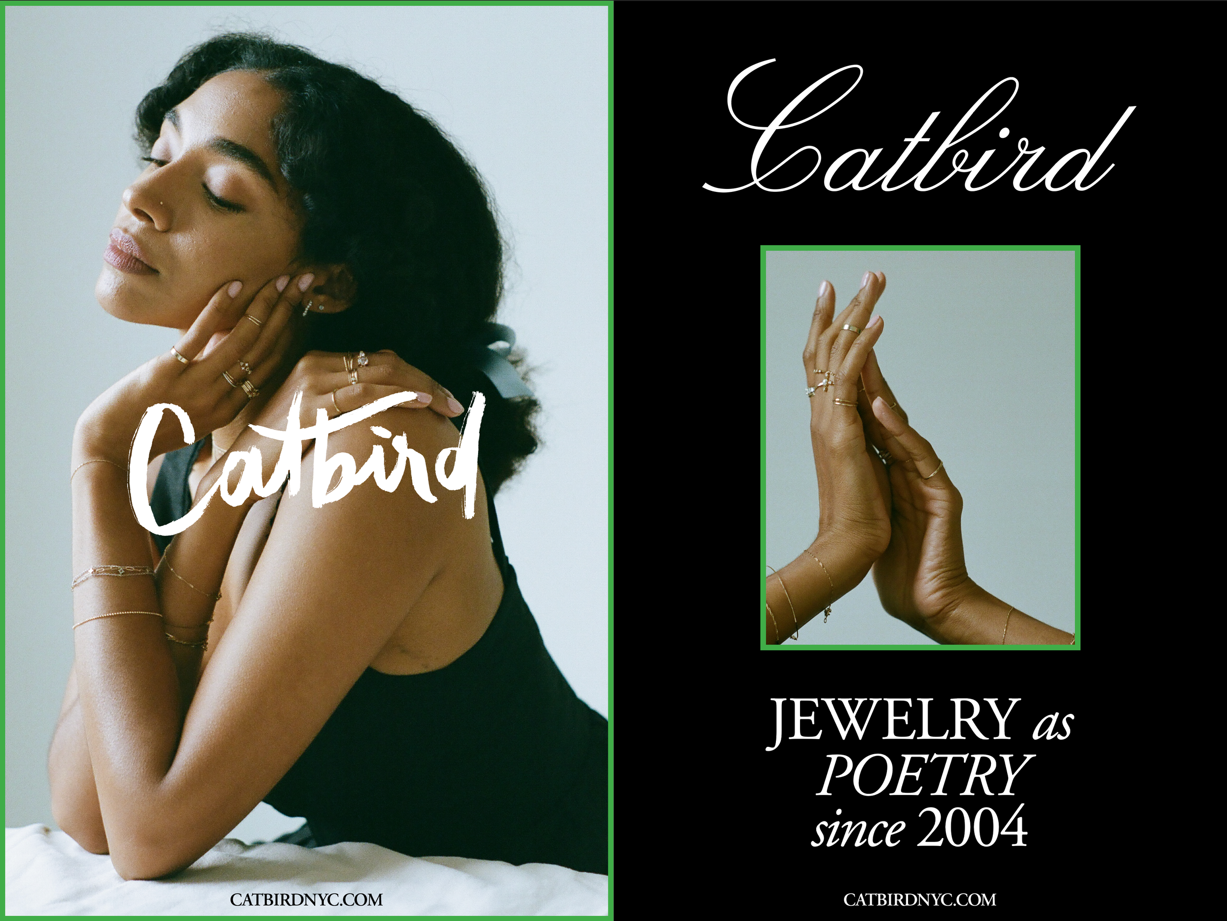 A woman with dark curly hair and multiple rings and bracelets, resting her chin on her hands with eyes closed. Text overlay says 'Catbird' on left side. On the right, a black background with a smaller photo of hands with rings, and text that reads 'C