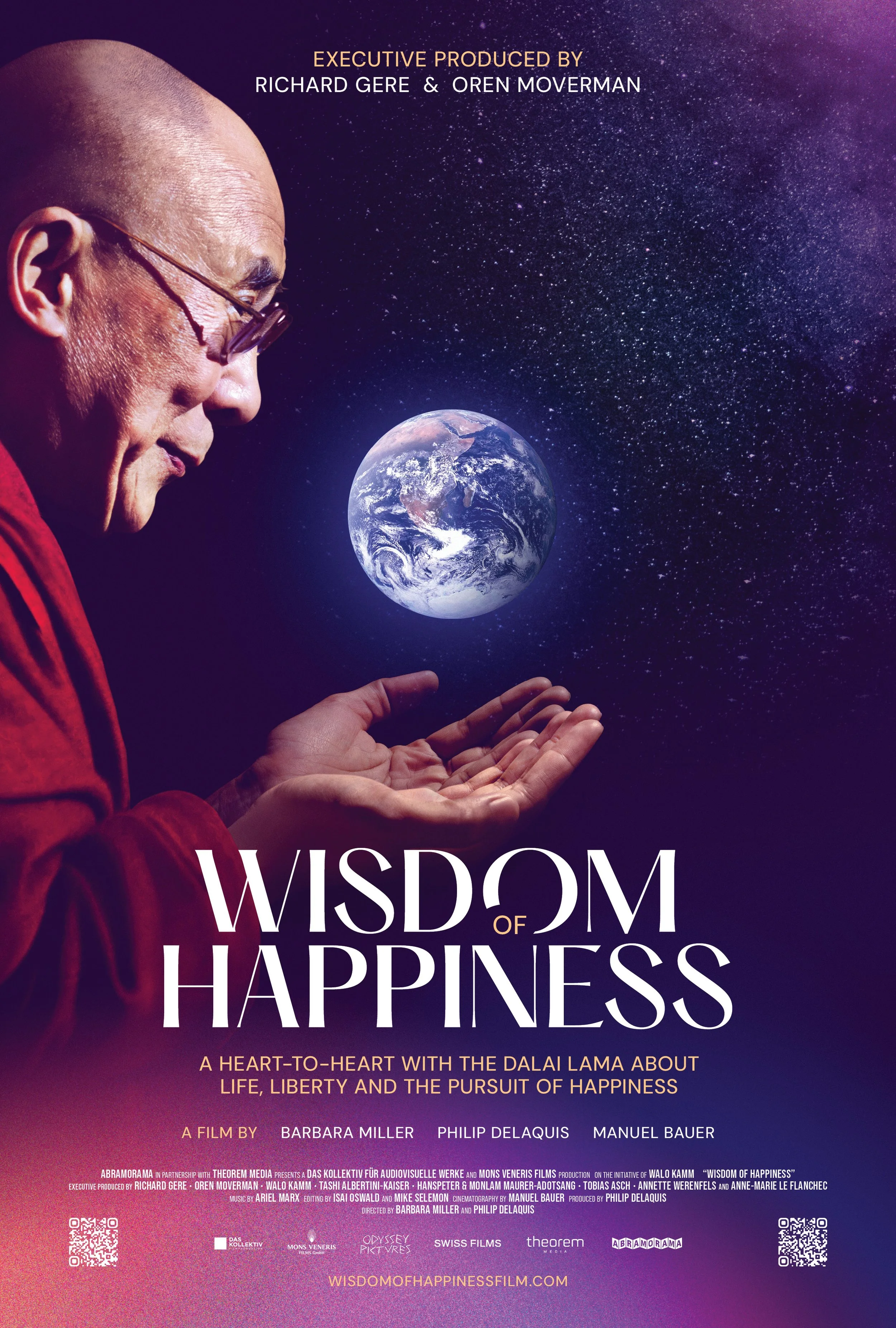 Poster for the film "Wisdom of Happiness" featuring a close-up of a man in profile, wearing glasses, with his hand raised beneath a depiction of Earth in space with stars in the background.
