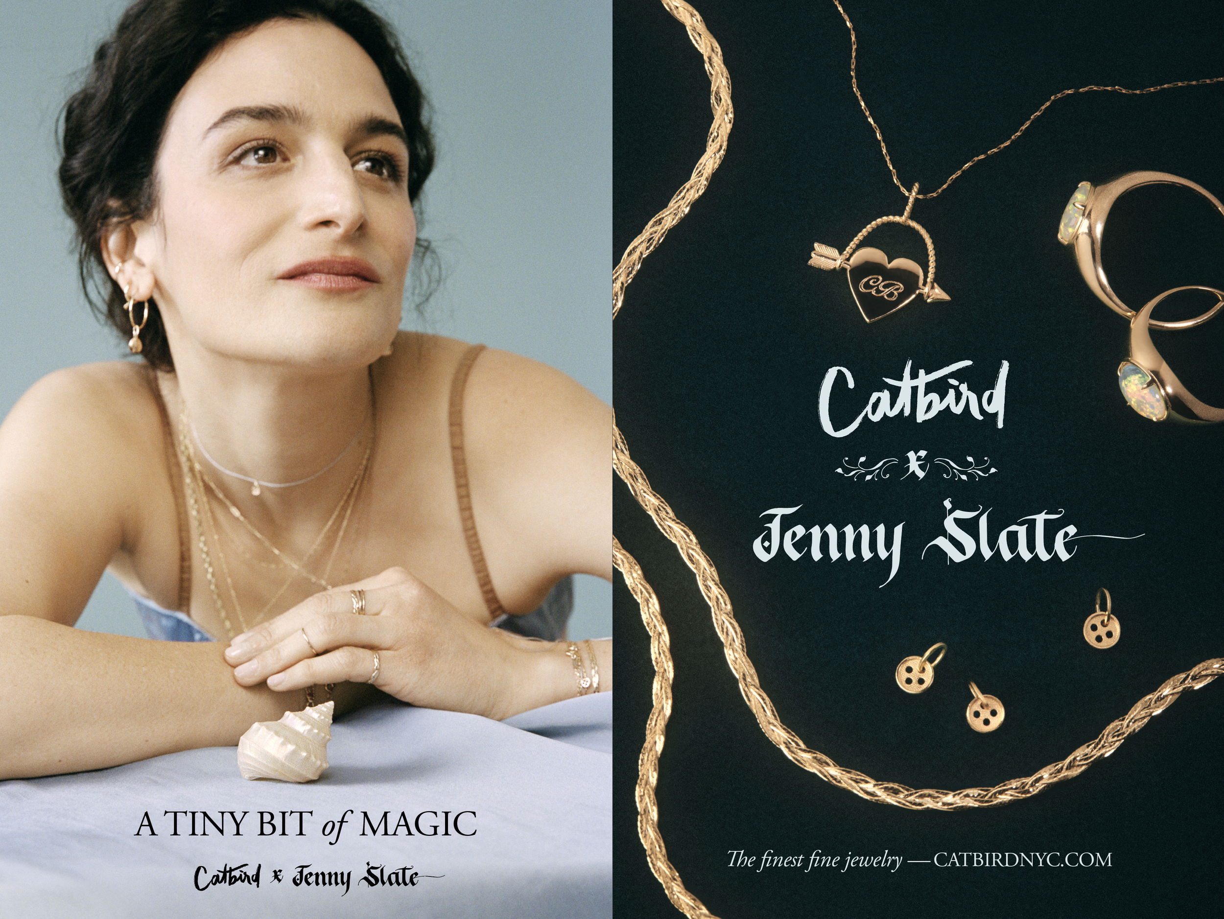 Left side shows a woman with short dark hair wearing layered jewelry including earrings, necklaces, and rings, resting her arms on a surface with a seashell. Right side displays jewelry items like necklaces, rings, and earrings with a dark background