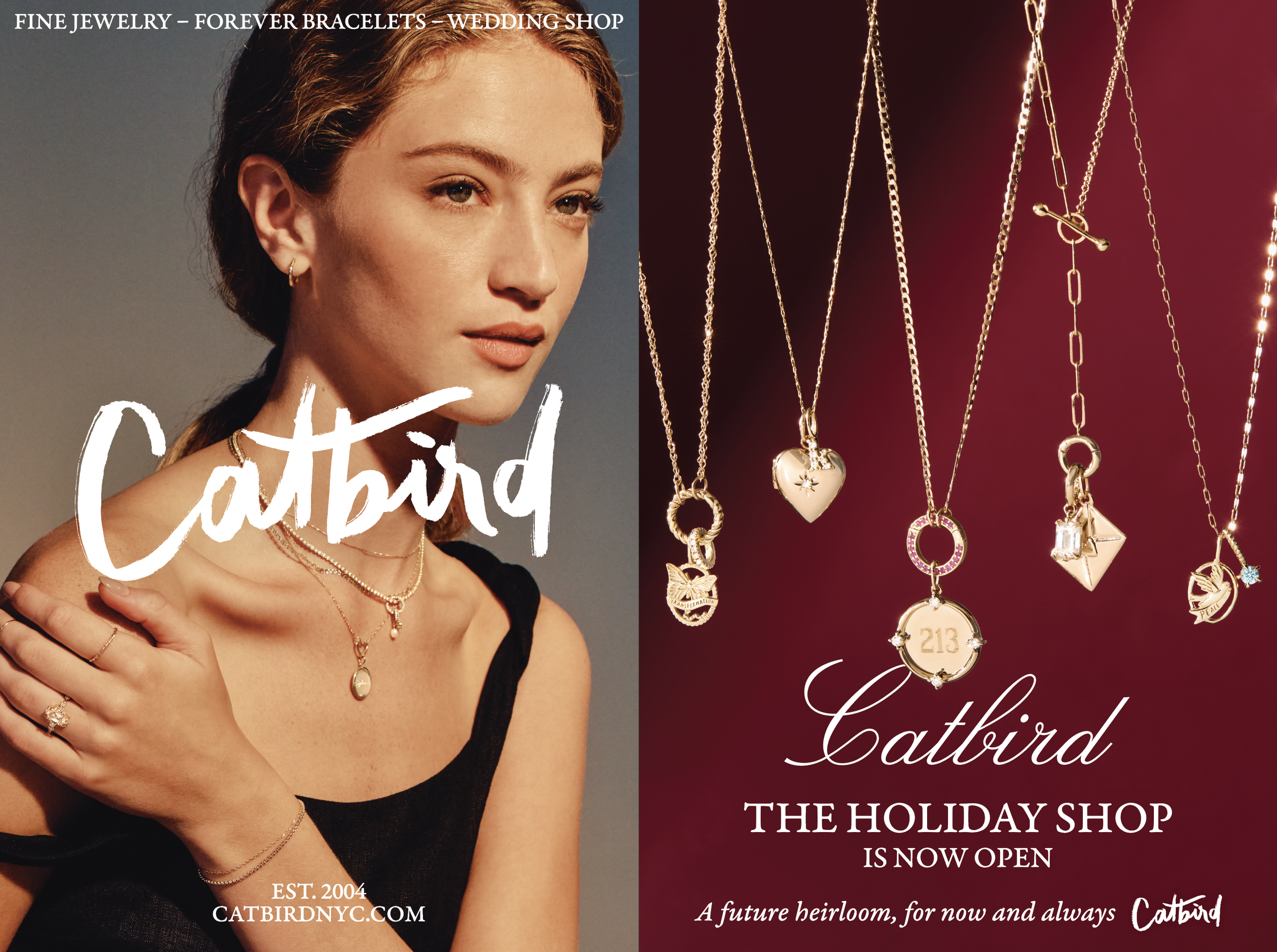 A woman with reddish hair and fair skin wearing jewelry including necklaces, rings, and earrings. To her right, a display of gold necklaces with various pendants, including hearts, moons, and geometric shapes, against a dark pink background. Text ove