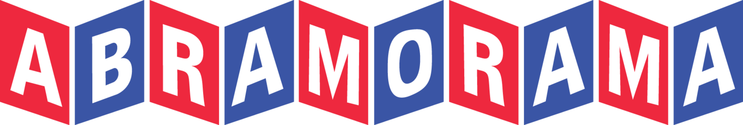 Colorful block letters spelling 'ABRAMORAMA' in red, white, and blue.
