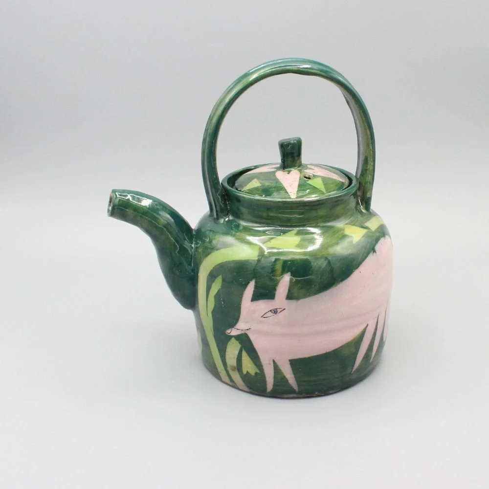 Pink Foxes Teapot, dark green