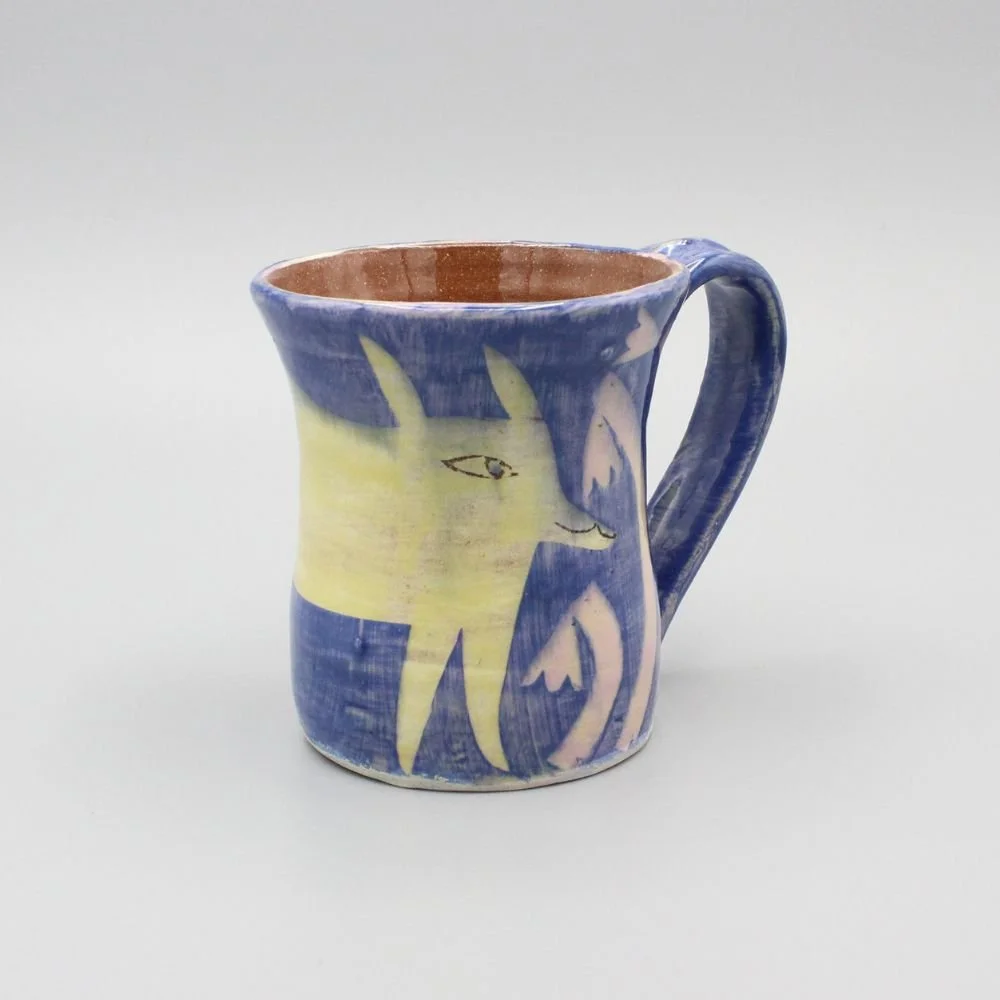 Yellow Fox Mug, pink and blue
