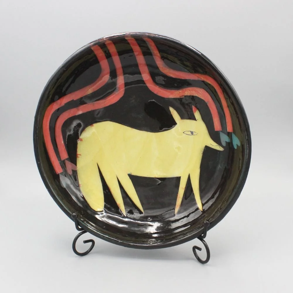 Yellow Fox Serving Bowl, red, turquoise, black