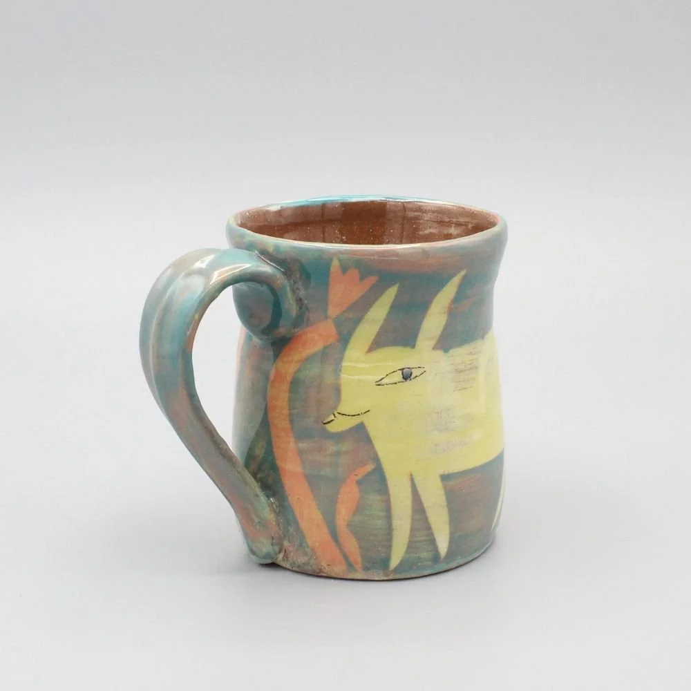 Yellow Rabbits Mug, orange and turquoise