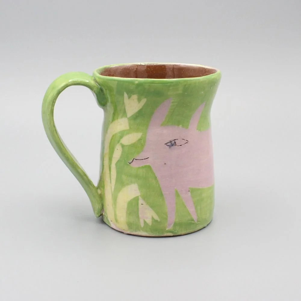 Pink Fox Mug, yellow and green