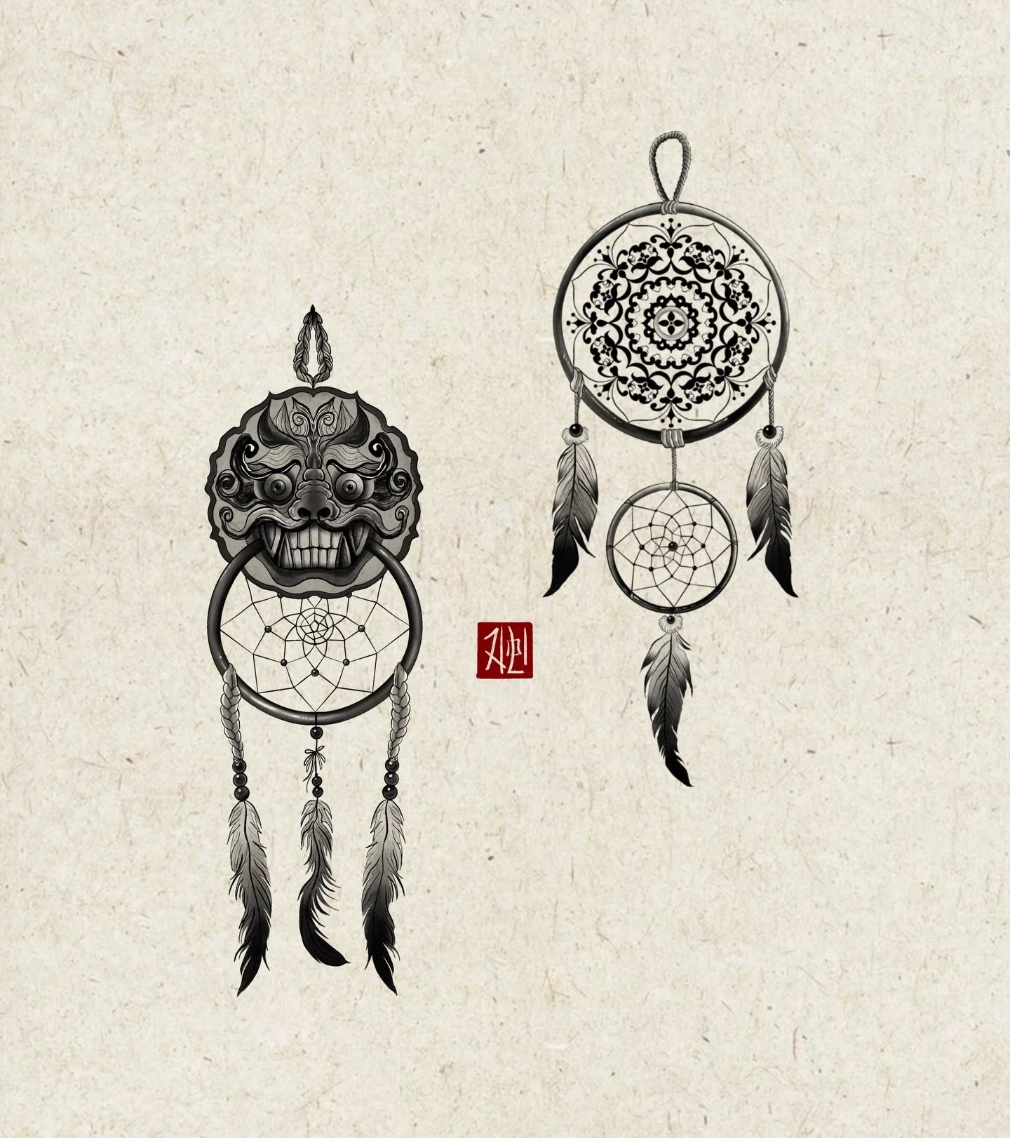 Where an oriental charm meets a dreamcatcher 
Contact @jimini_the_tattooist  for details