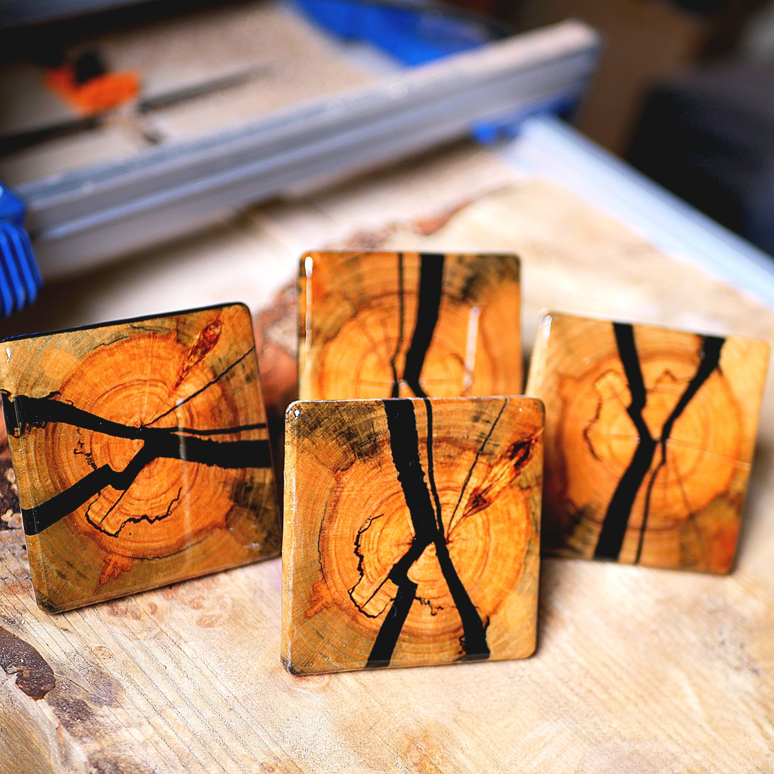 G029 Coasters- Silver Maple (Black river epoxy)