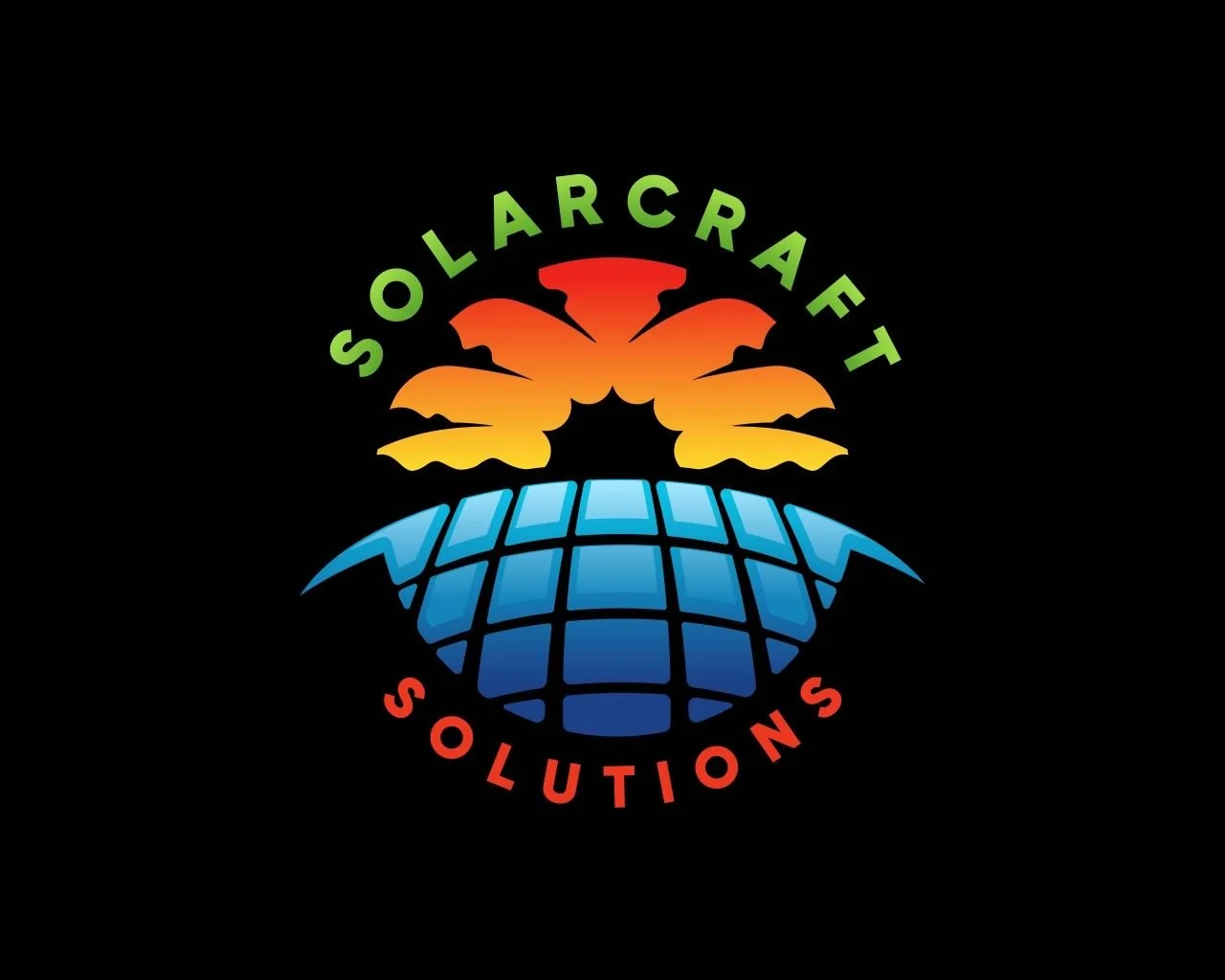 Colorful logo with the words "SOLAR CRAFT" in green at the top and "SOLUTIONS" in red at the bottom. The design features a stylized globe at the bottom in shades of blue with grid lines, and an abstract orange and red burst resembling a sun or explosion above it.