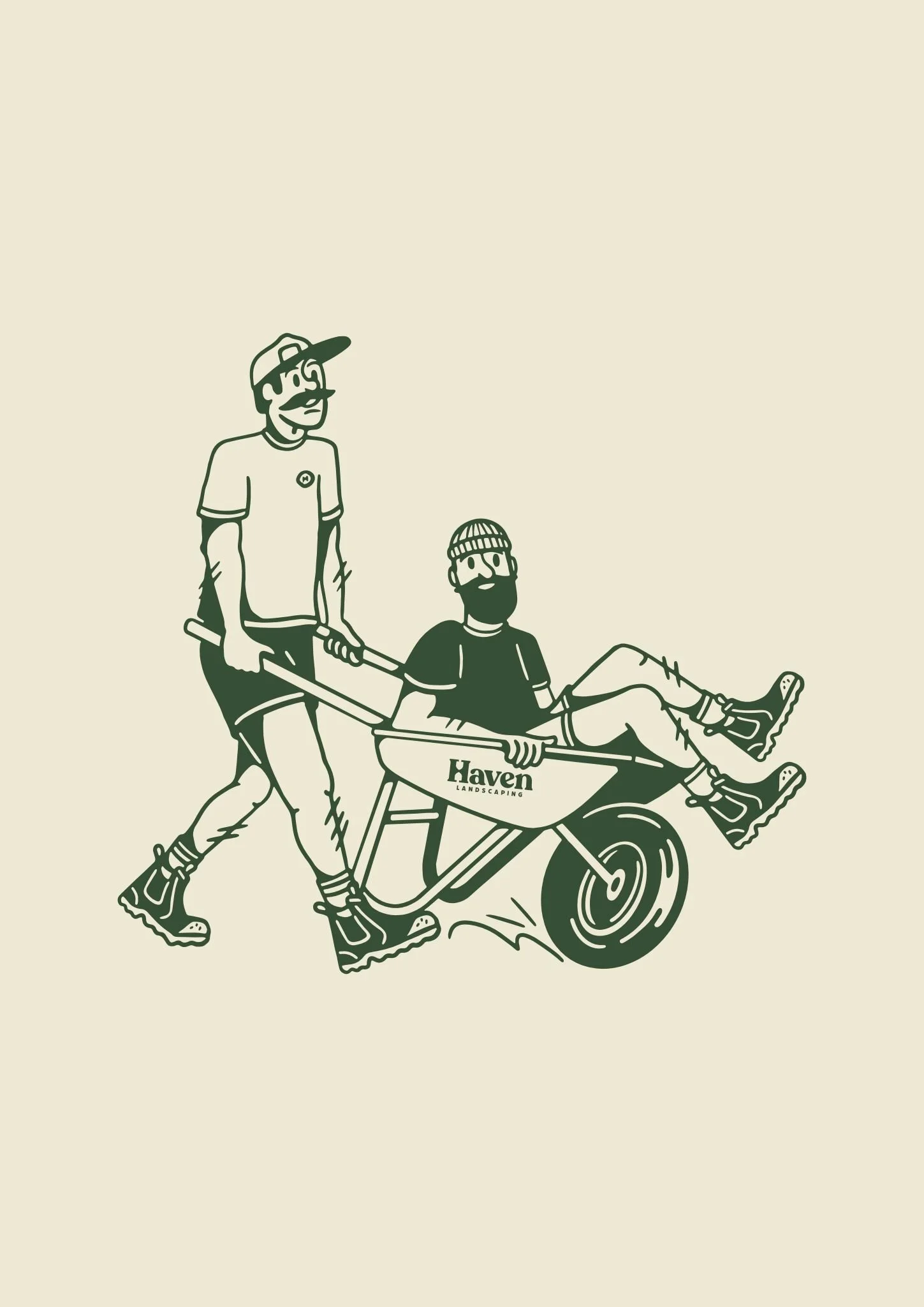 Two men with beards and casual clothing, one standing and pulling a wheelbarrow, the other sitting in the wheelbarrow, both wearing hiking boots. The wheelbarrow has the words "Haven Landscaping" on it.