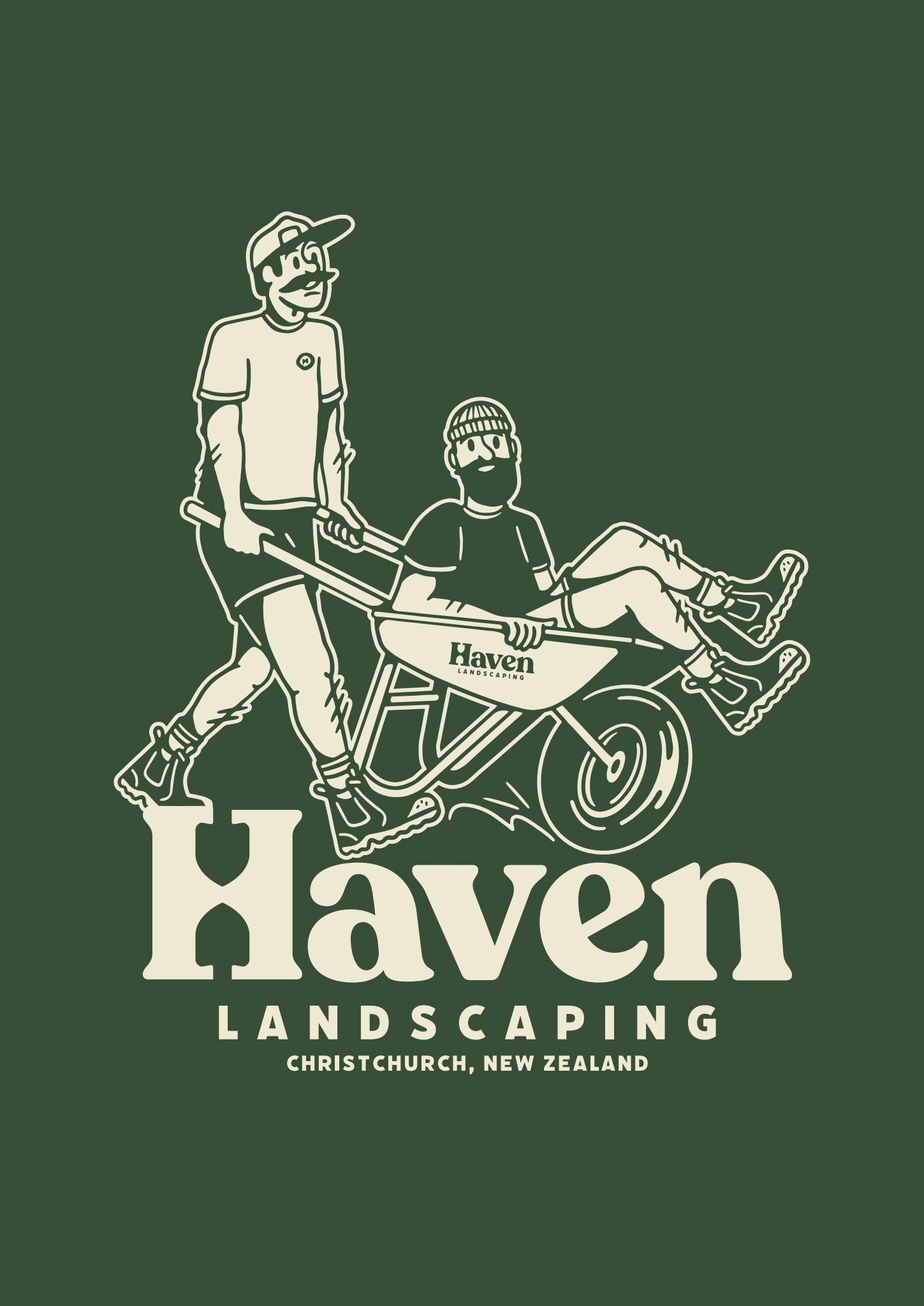 Logo for Haven Landscaping in Christchurch, New Zealand, featuring an illustration of two men with one sitting in a wheelbarrow and the other pushing. The background is dark green.