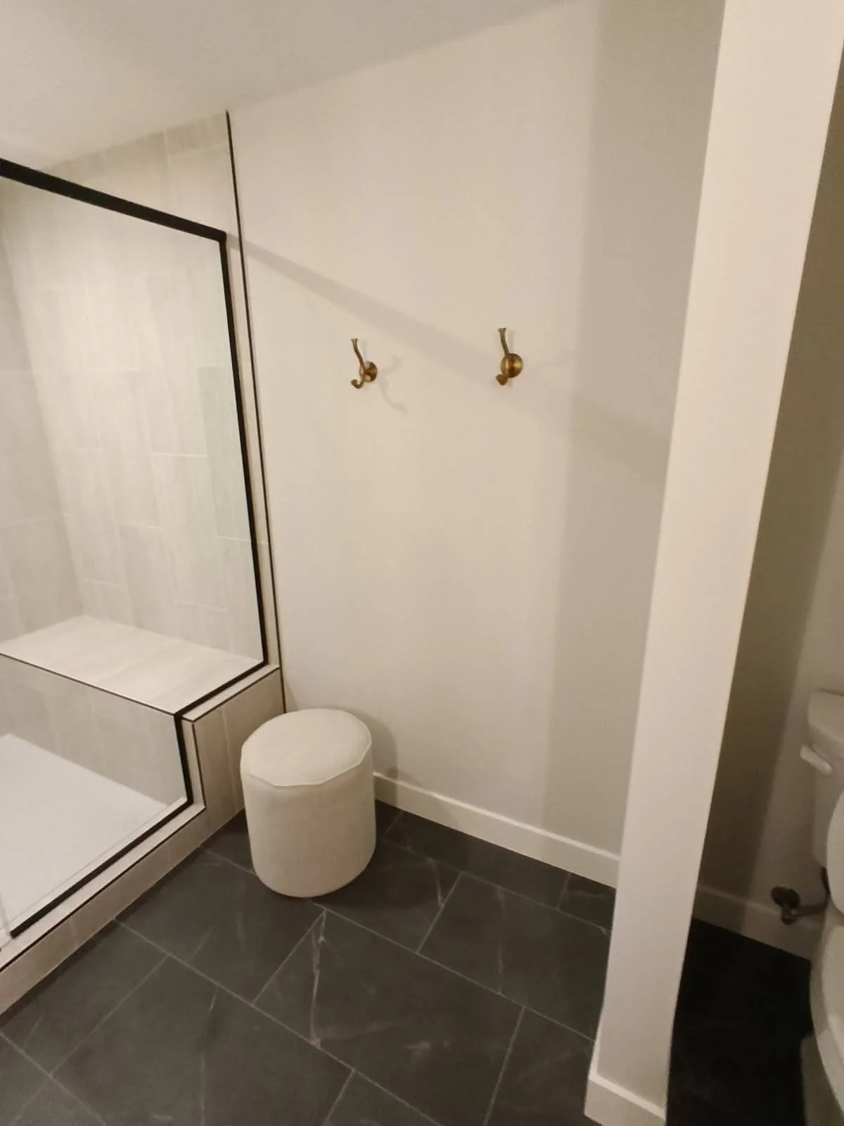 A bathroom corner featuring a shower with glass doors, two brass hooks on the wall, a white round ottoman, and a toilet partially visible on the right.