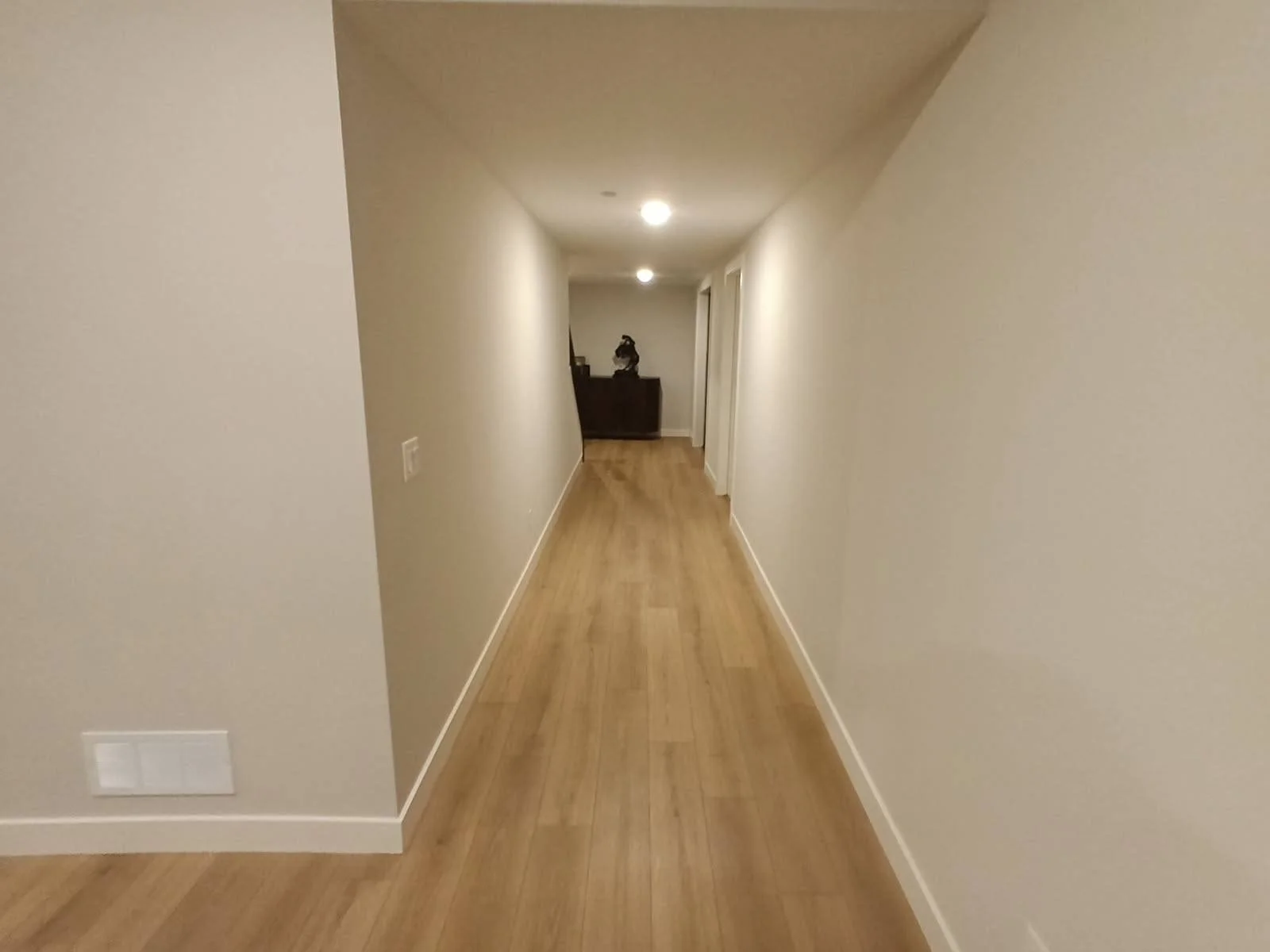 Empty hallway with wooden floors, white walls, ceiling lights, and a piece of furniture with a decorative sculpture at the end.