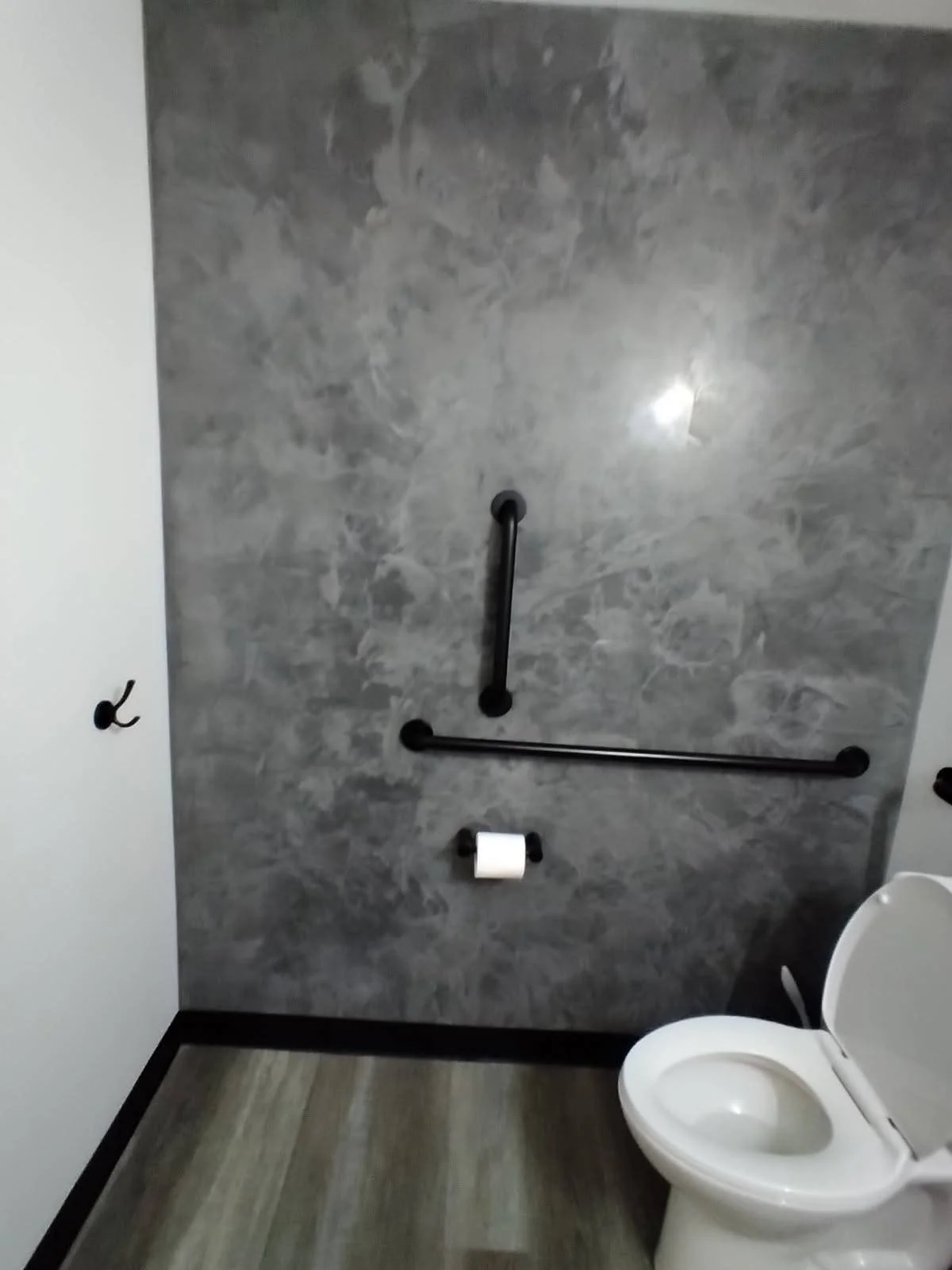 Accessible bathroom with grab bars on the wall, a toilet, and a toilet paper holder.
