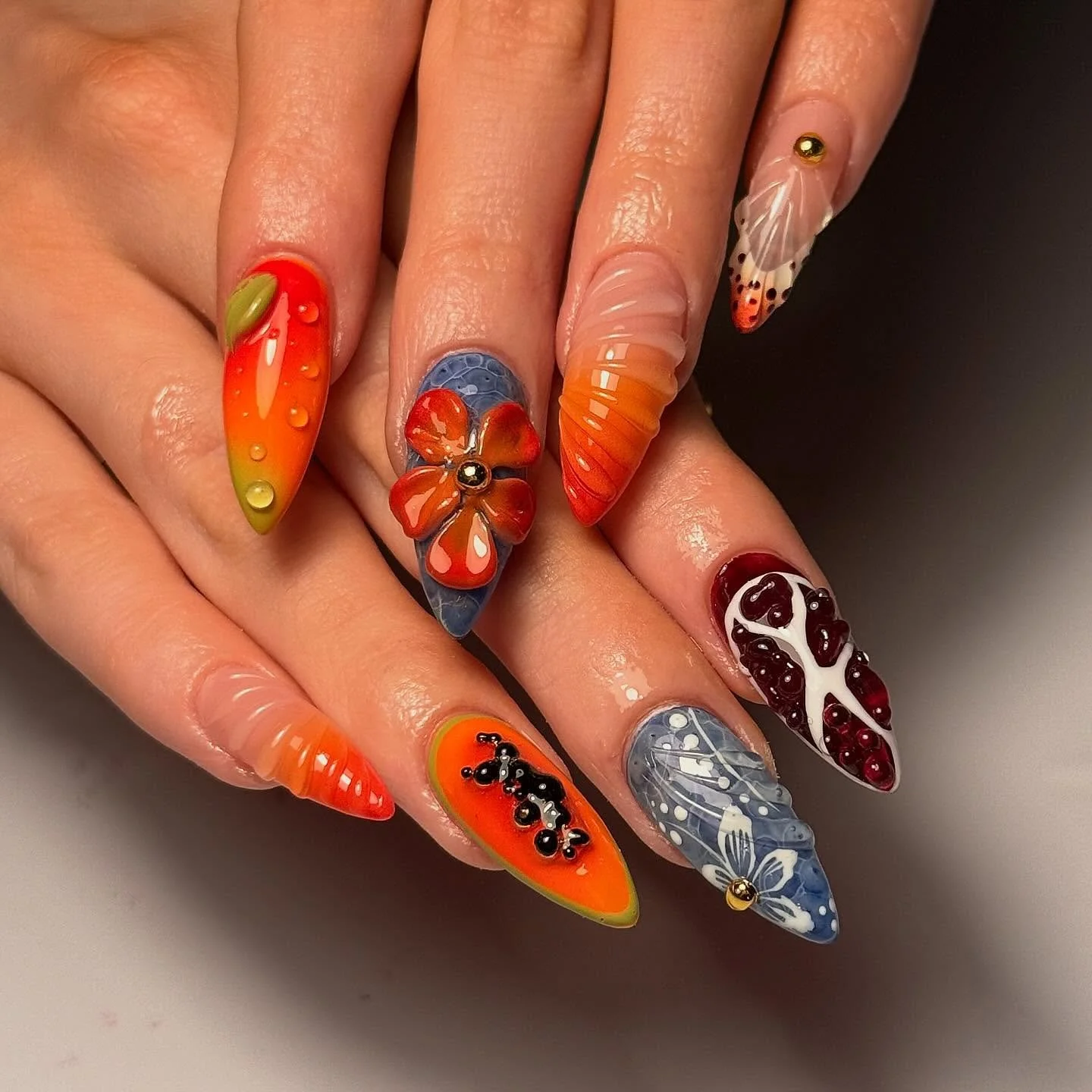 🥭🍊🍇🌊🌺

Gel x medium stiletto with tier 3 nail art she&rsquo;s fancy