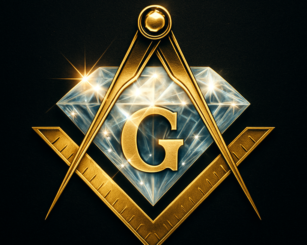 A digitally rendered Masonic square and compass with a gold letter G and a sparkling diamond in the background.