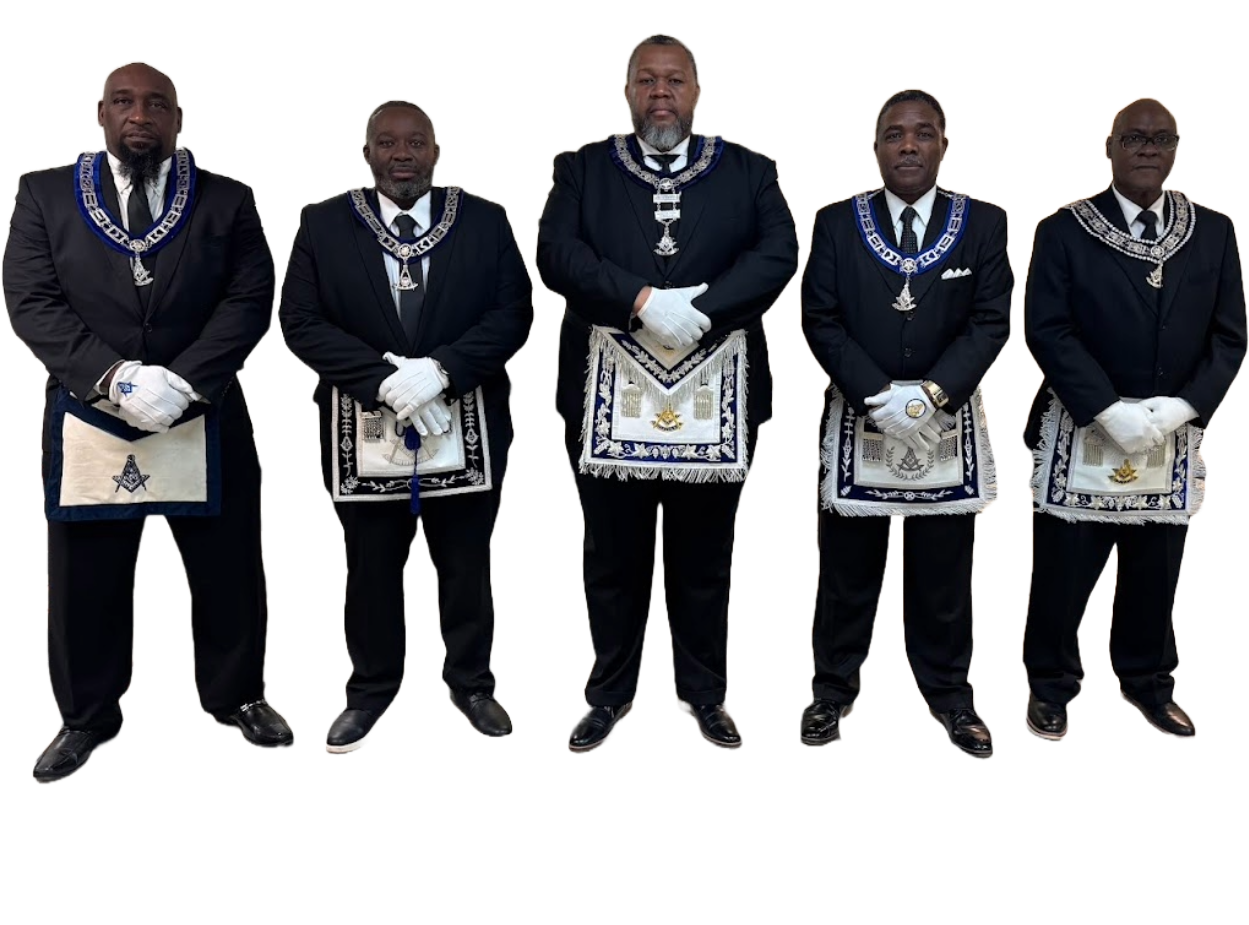 Five men dressed in formal Masonic regalia, standing in a row against a plain background.