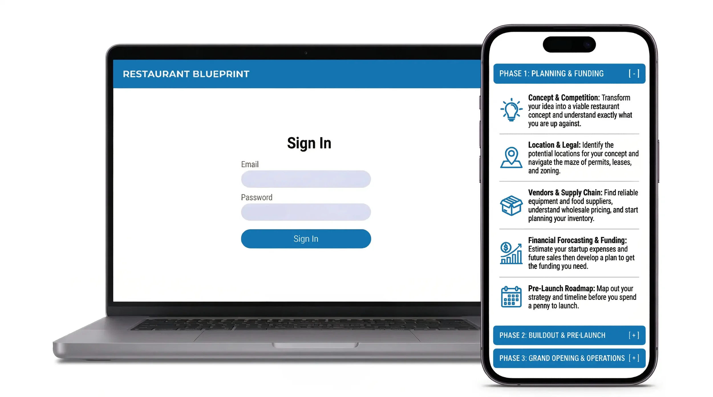 A laptop showing a "Restaurant Blueprint" sign-in screen next to a smartphone displaying a detailed Phase 1 planning checklist.