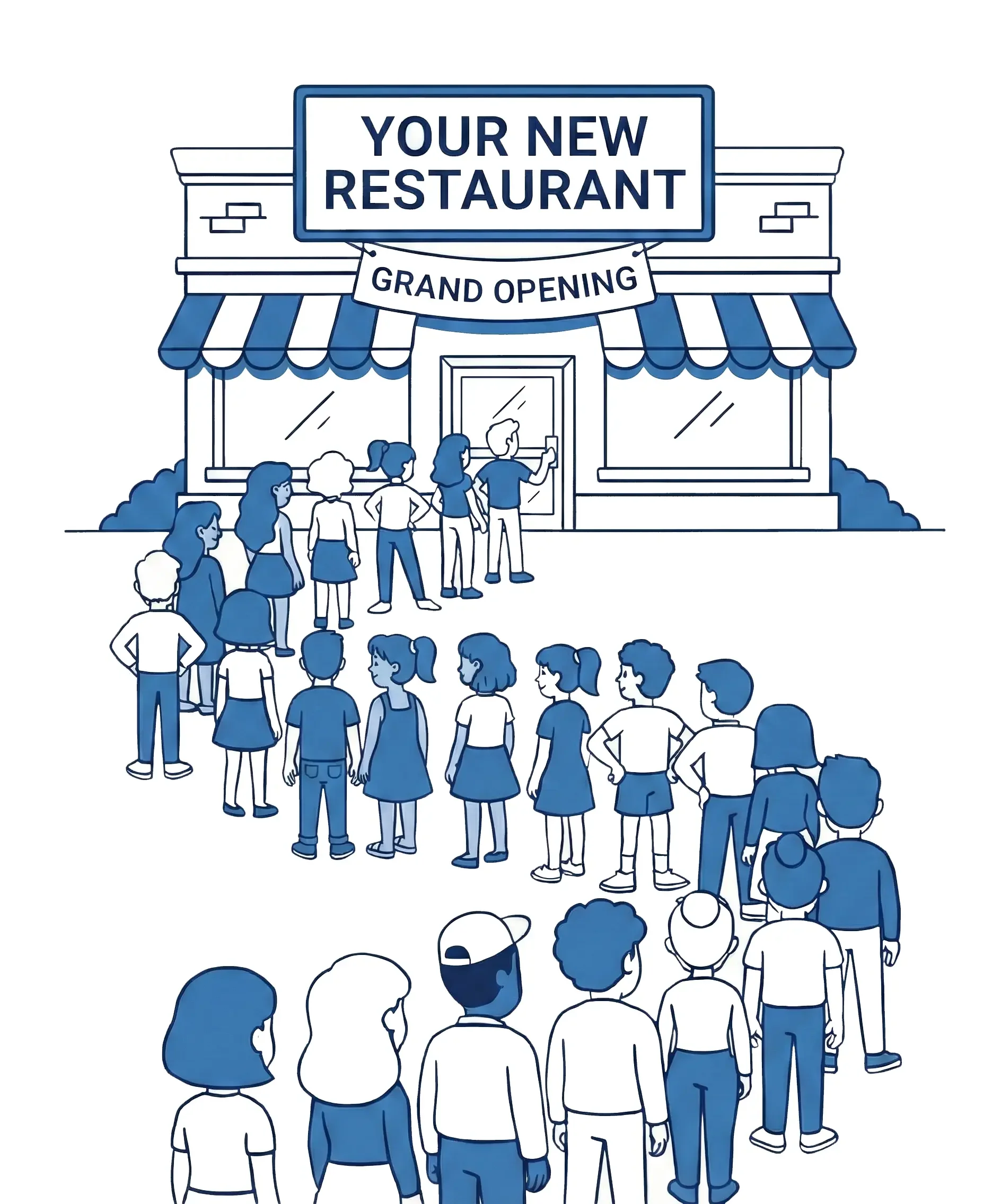 Line of people outside a new restaurant with a sign that says "Grand Opening" and a banner that says "Your New Restaurant."