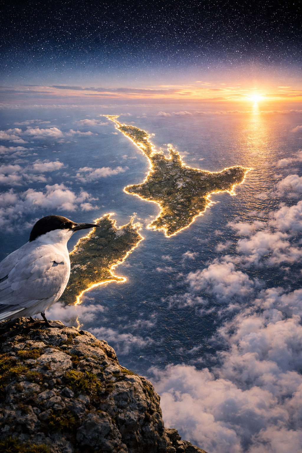 A seagull perched on a rocky cliff overlooking a lit-up long, narrow island stretching into the horizon, with a sunset and starry sky in the background.