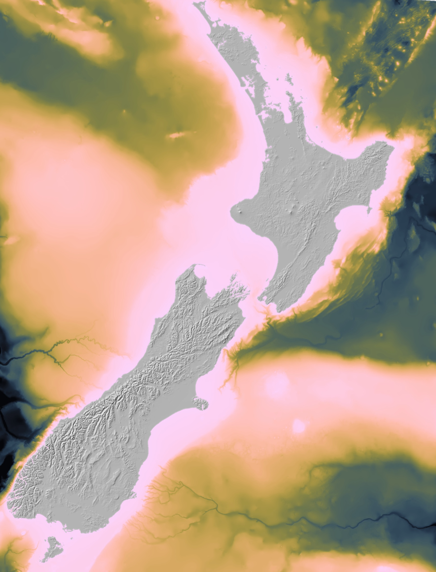 Satellite image of a body of water, with surrounding landmasses, showing elevation and topography in various colors.