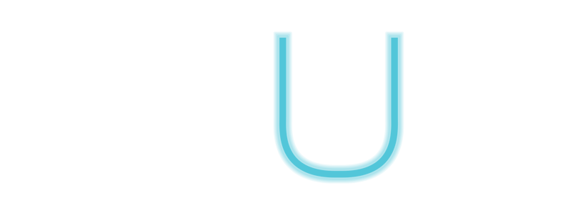 Close-up of a light blue letter U on a white background