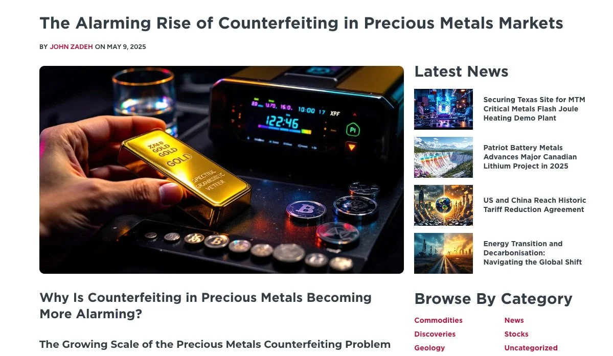 Close-up of a hand holding a gold bar labeled "24K GOLD 999.9," with a background of a digital metal detector and various coins on a dark surface, indicating precious metals or gold testing.