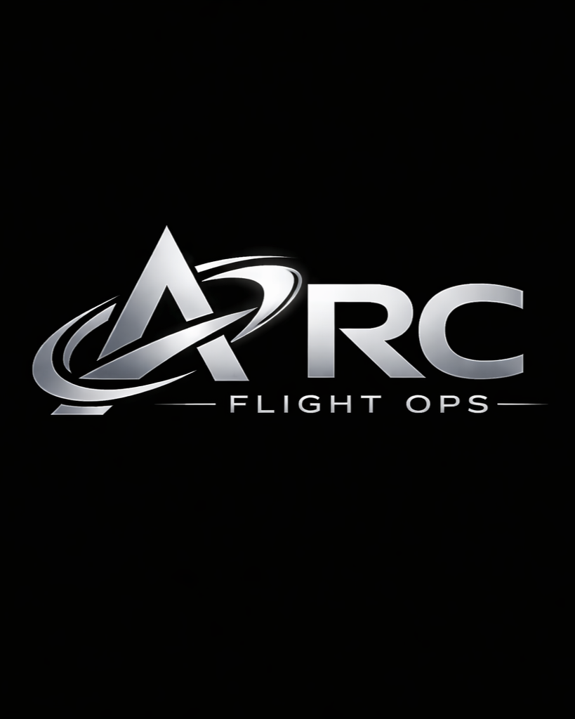 Logo for ARC Flight Ops with a stylized 'A' and circular swoosh design on a black background. An aerial photo and video company in the Bryan and College Station, Texas area.