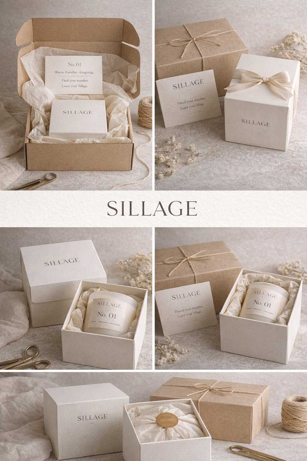 A collection of minimalist gift boxes from Sillage, with some open revealing wrapped candles inside, and a few closed. The boxes are in neutral tones, with soft ribbon and twine accents. There are small decorative flowers and scissors around, creating an elegant and simple aesthetic.