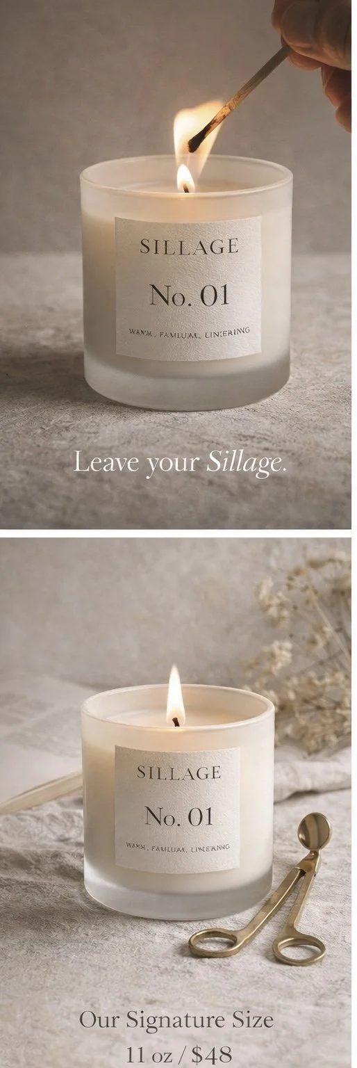 A white candle labeled 'SILLAGE No. 01' with a description 'Warm. Familiar. Linens' is being ignited with a matchstick in the top image. Both images feature the same candle on a neutral surface, with the second image showing the candle lit and a pair of gold scissors nearby.
