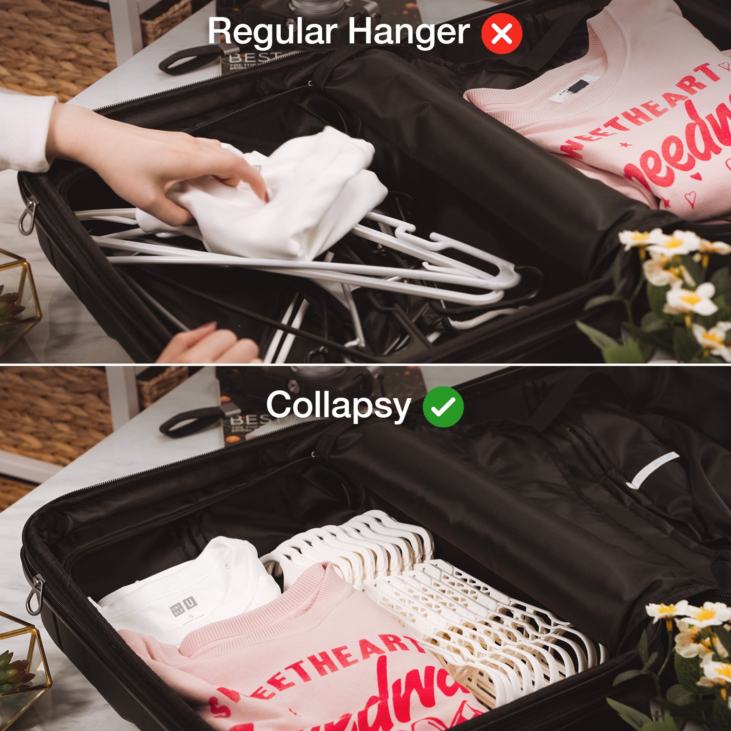 Open black suitcase filled with folded clothes and white plastic hangers, accompanied by a pink t-shirt with red text, and small white wire racks, with an indoor setting visible.