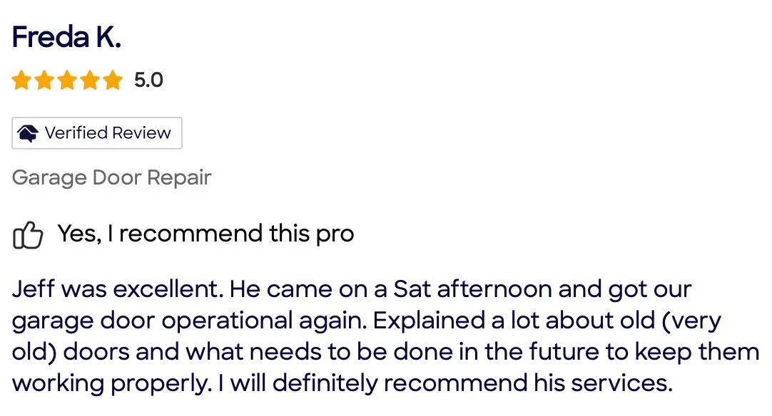 Customer review for garage door repair service with 5-star rating, positive comment recommending the professional named Jeff.