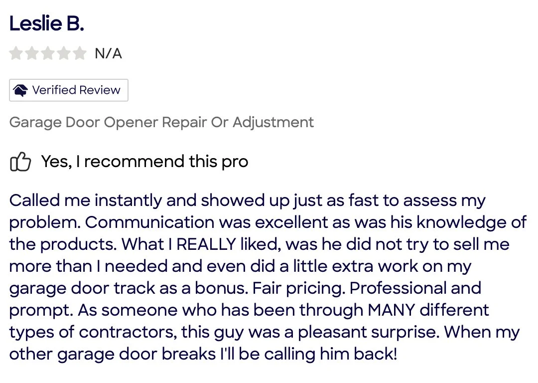 Online review for a garage door opener repair service by Leslie B., praising the professionalism, communication, fair pricing, and extra work done by the technician.