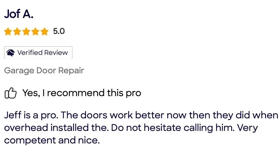 Customer review for garage door repair service, rated 5 stars with positive comments about the professional contractor, Jeff.