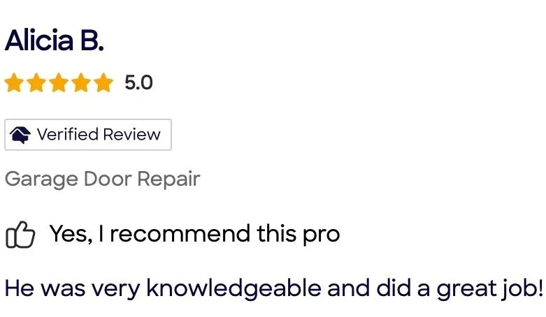 Customer review for a garage door repair service with a 5-star rating and positive feedback.