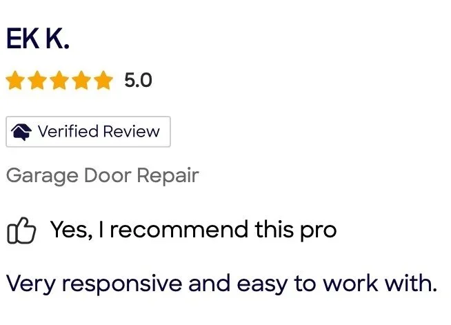 Review for EKK garage door repair with a 5-star rating, verified review, and positive feedback about responsiveness and ease of work.
